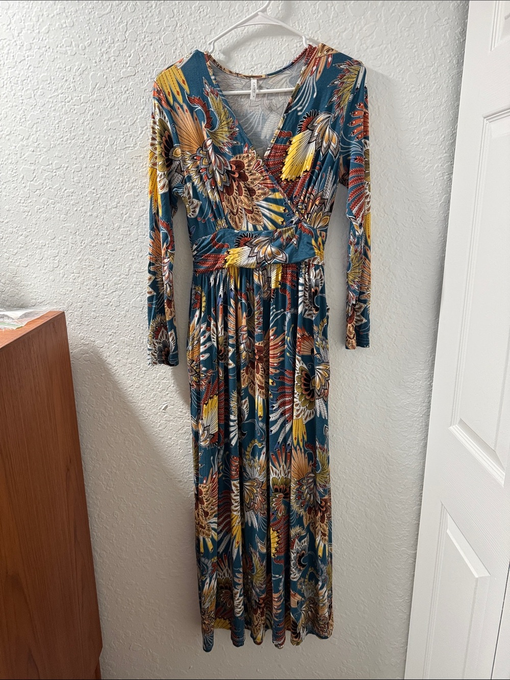 Teal Floral Wrap Maxi Dress with Long Sleeves Size Medium